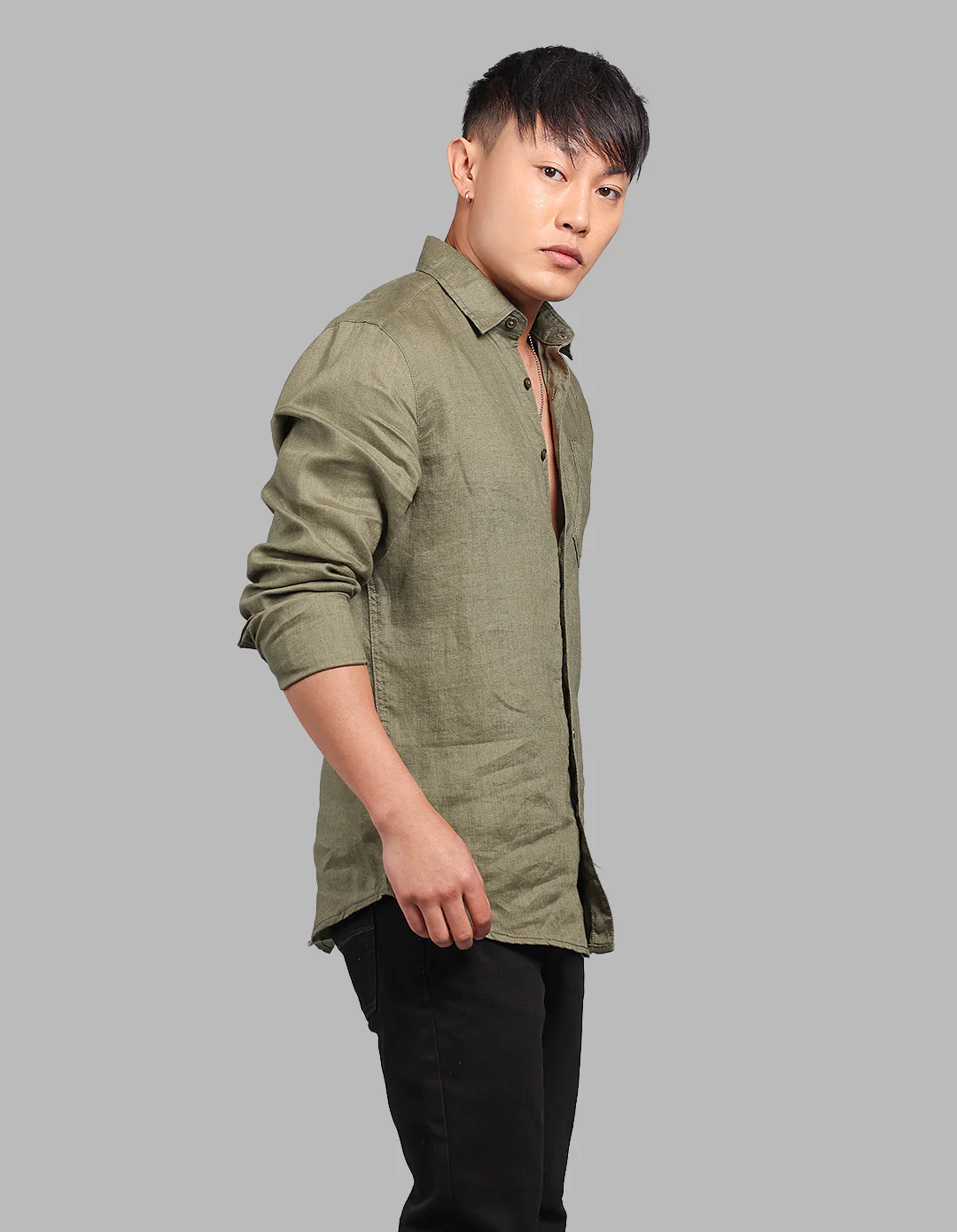 Olive Full Sleeve 100% Linen Shirt - Image 4