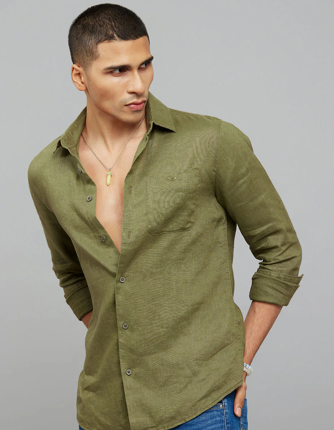 Olive Full Sleeves Linen Blend Shirt - Image 4