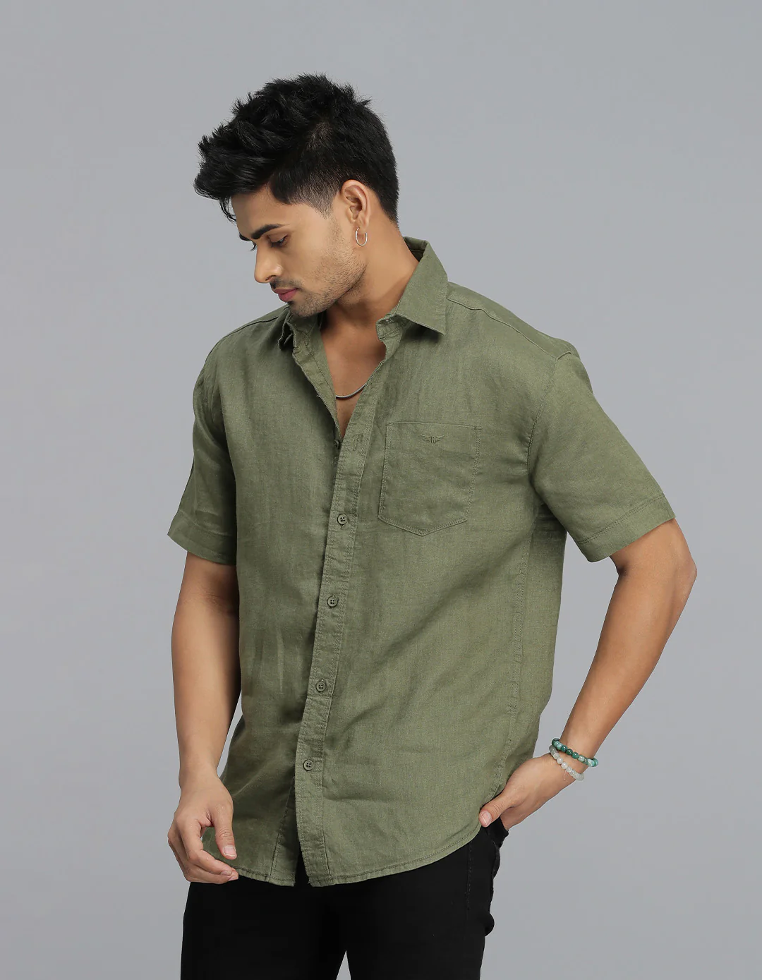 Olive Half Sleeves 100% Linen Shirt - Image 3