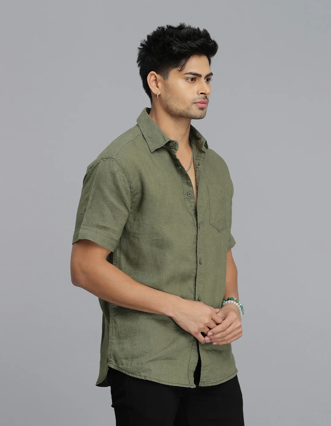 Olive Half Sleeves 100% Linen Shirt - Image 4