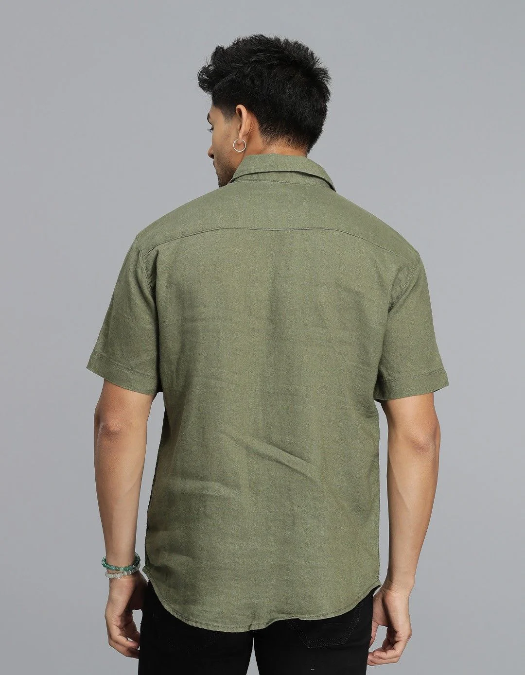 Olive Half Sleeves 100% Linen Shirt - Image 5