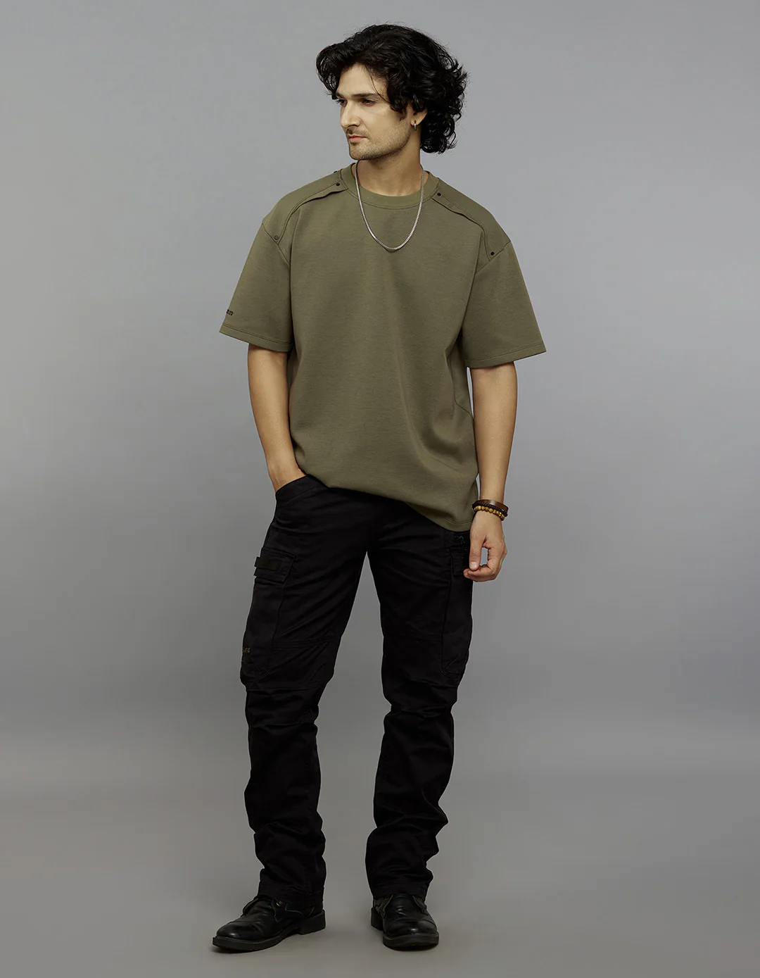 Olive Half Sleeves Round Neck Oversized Tee - Image 2
