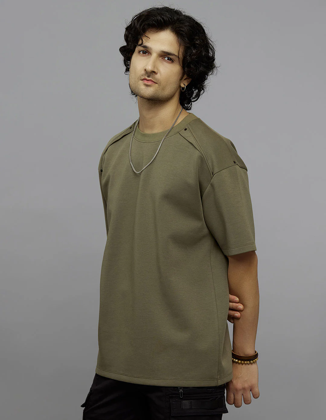 Olive Half Sleeves Round Neck Oversized Tee - Image 3