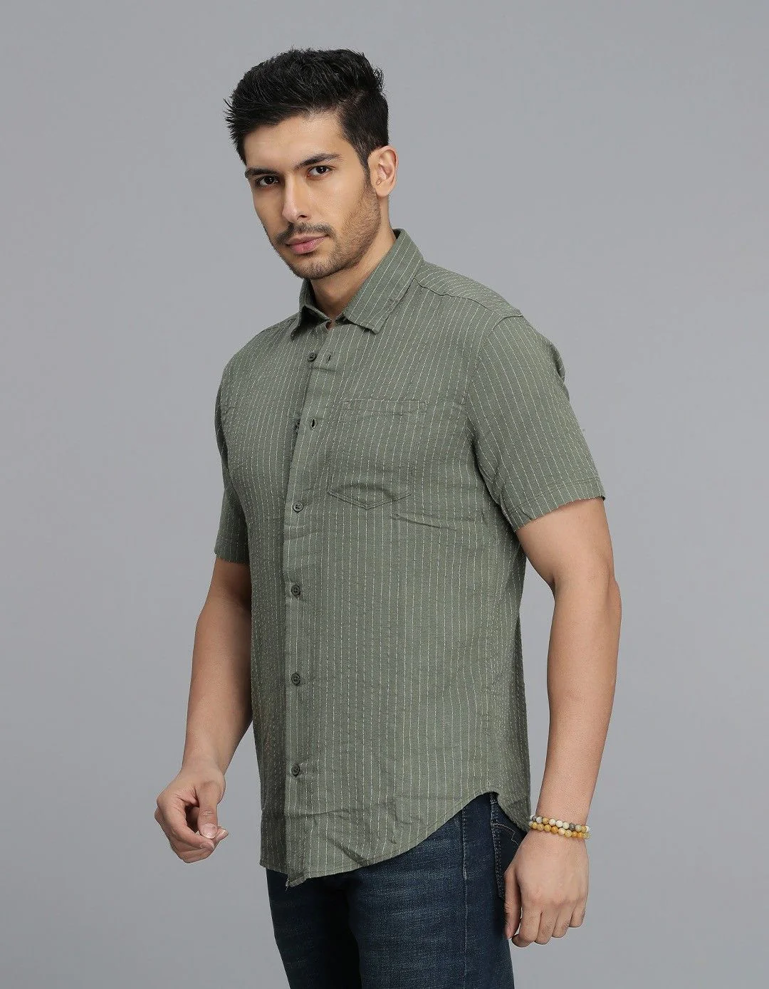 Olive Half Sleeves Stripe Shirt - Image 3