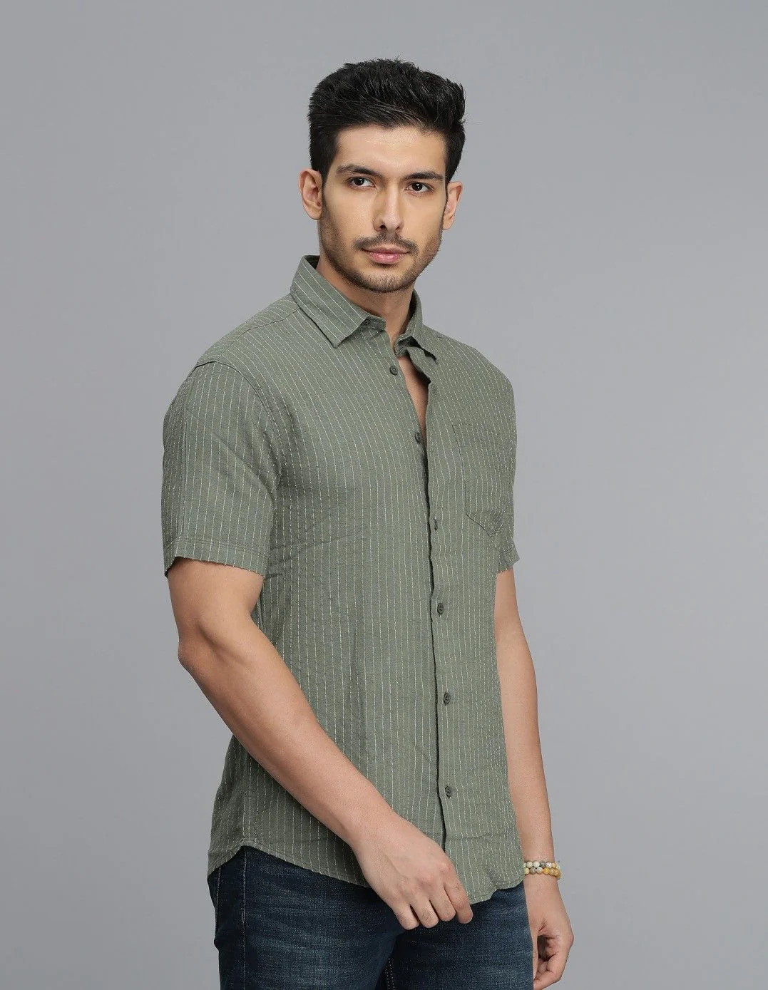 Olive Half Sleeves Stripe Shirt - Image 4