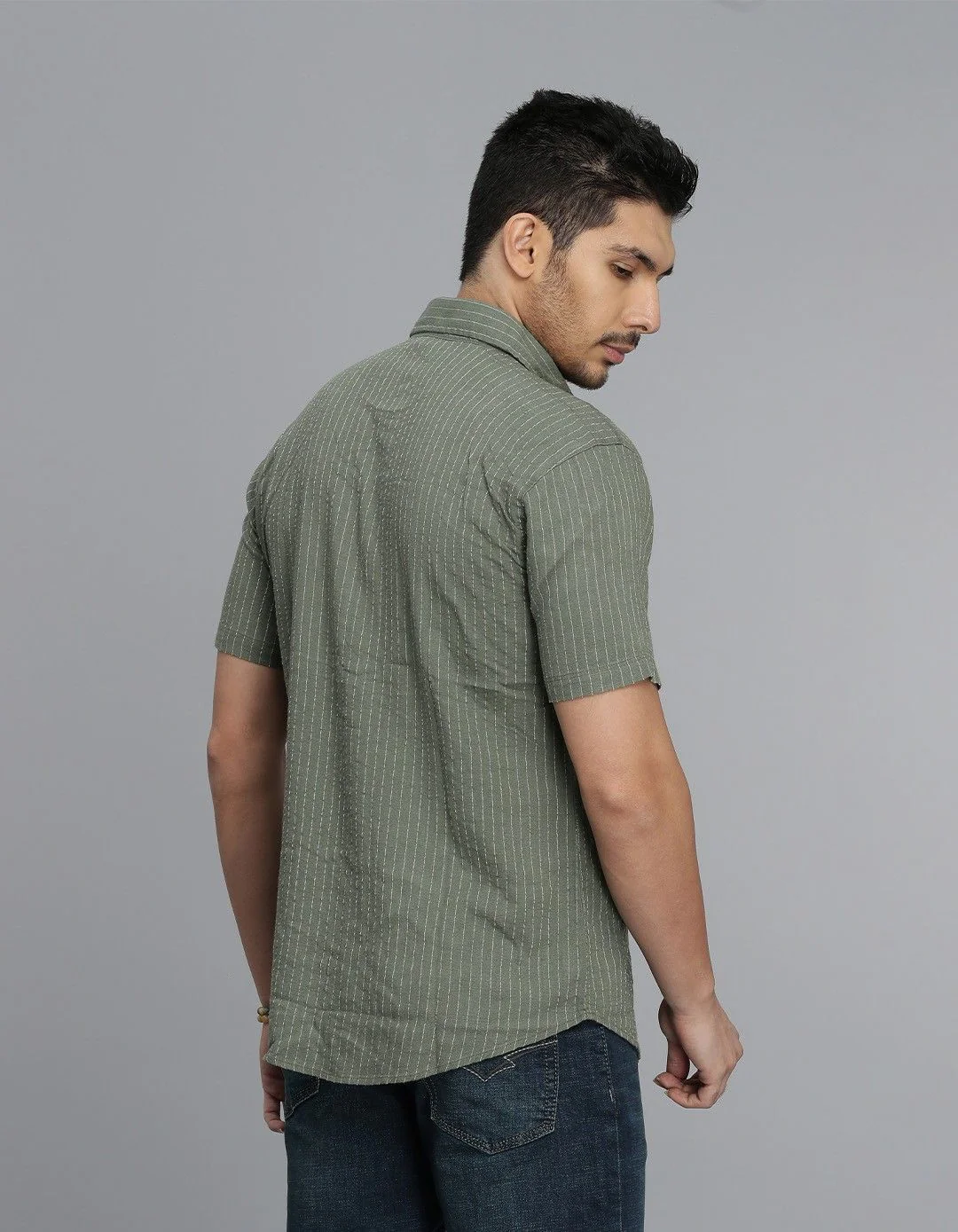 Olive Half Sleeves Stripe Shirt - Image 5