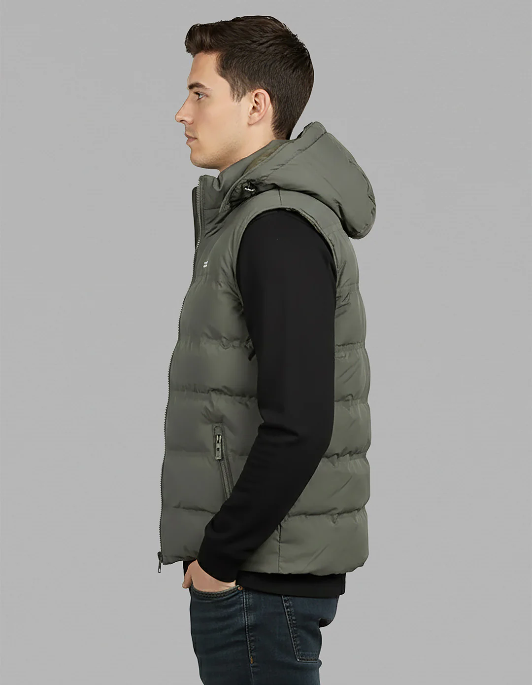Olive Sleeveless Hoodie Puffer Jacket - Image 3