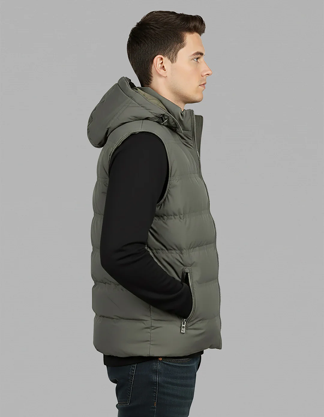 Olive Sleeveless Hoodie Puffer Jacket - Image 4