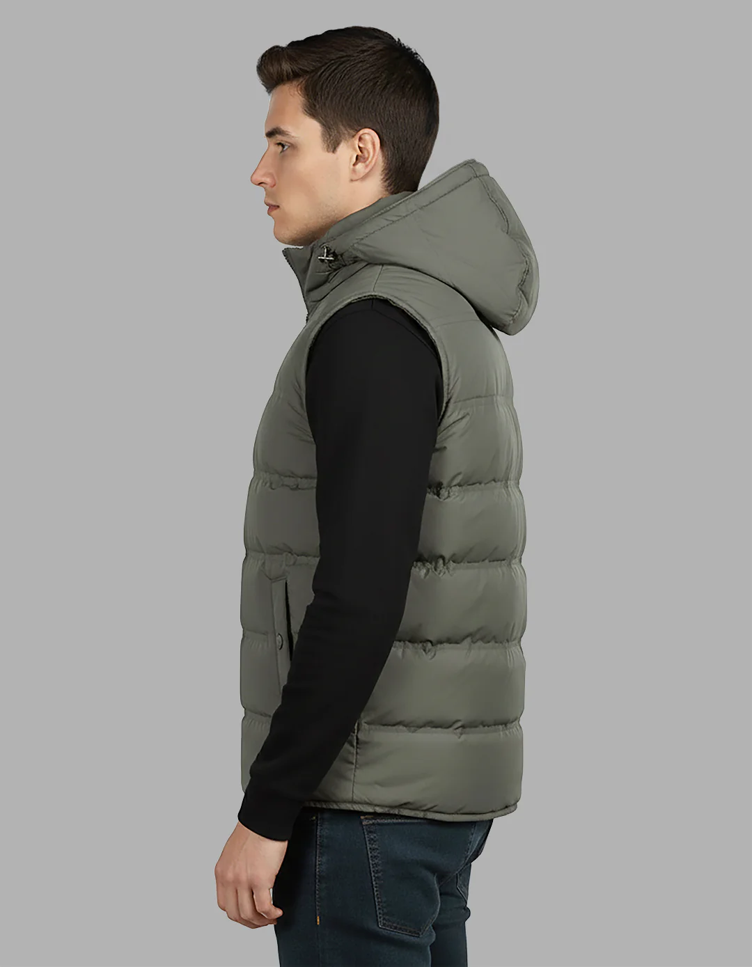 Olive Sleeveless Hoodie Puffer Jacket - Image 6