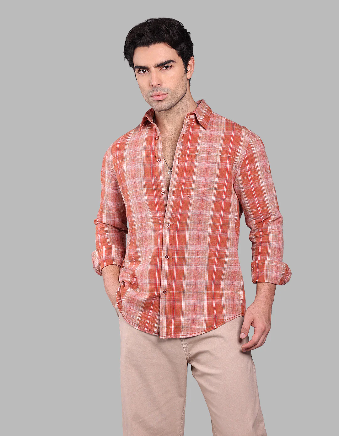 Orange Full Sleeve Check Shirt