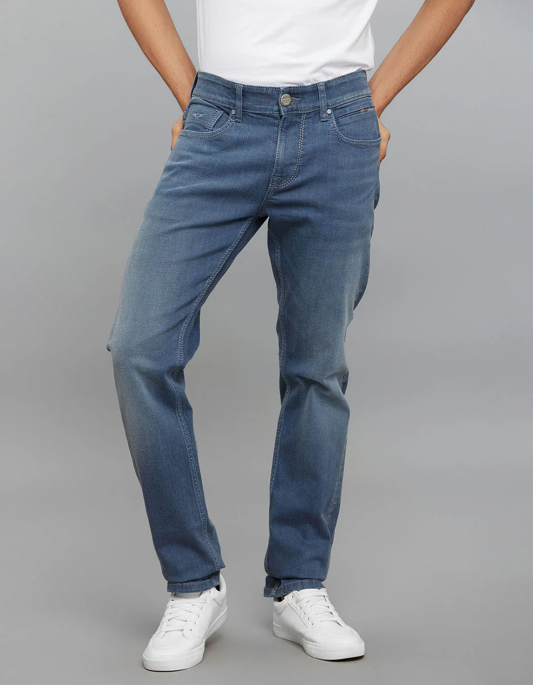 Petrol Mid-Rise Slim Straight Fit Stretch Jeans