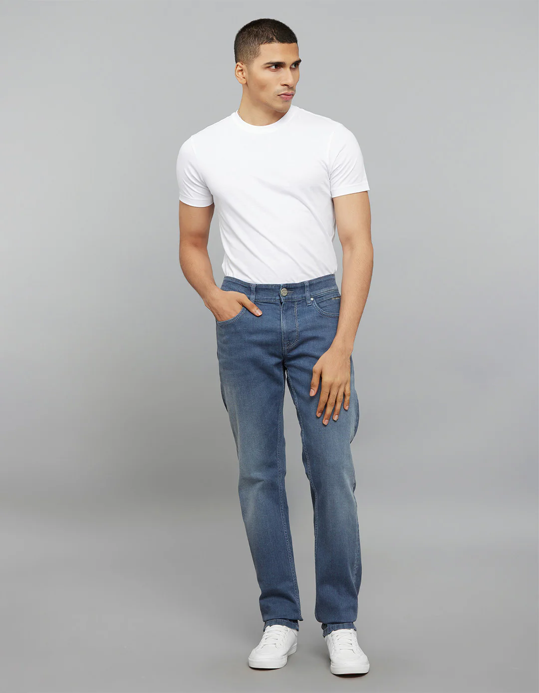 Petrol Mid-Rise Slim Straight Fit Stretch Jeans - Image 2