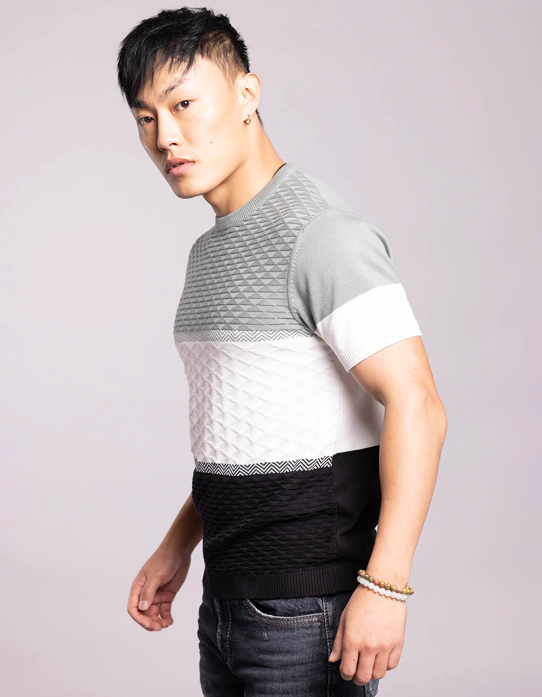 Pista Green White Round Neck Flatknit Tee - Image 3