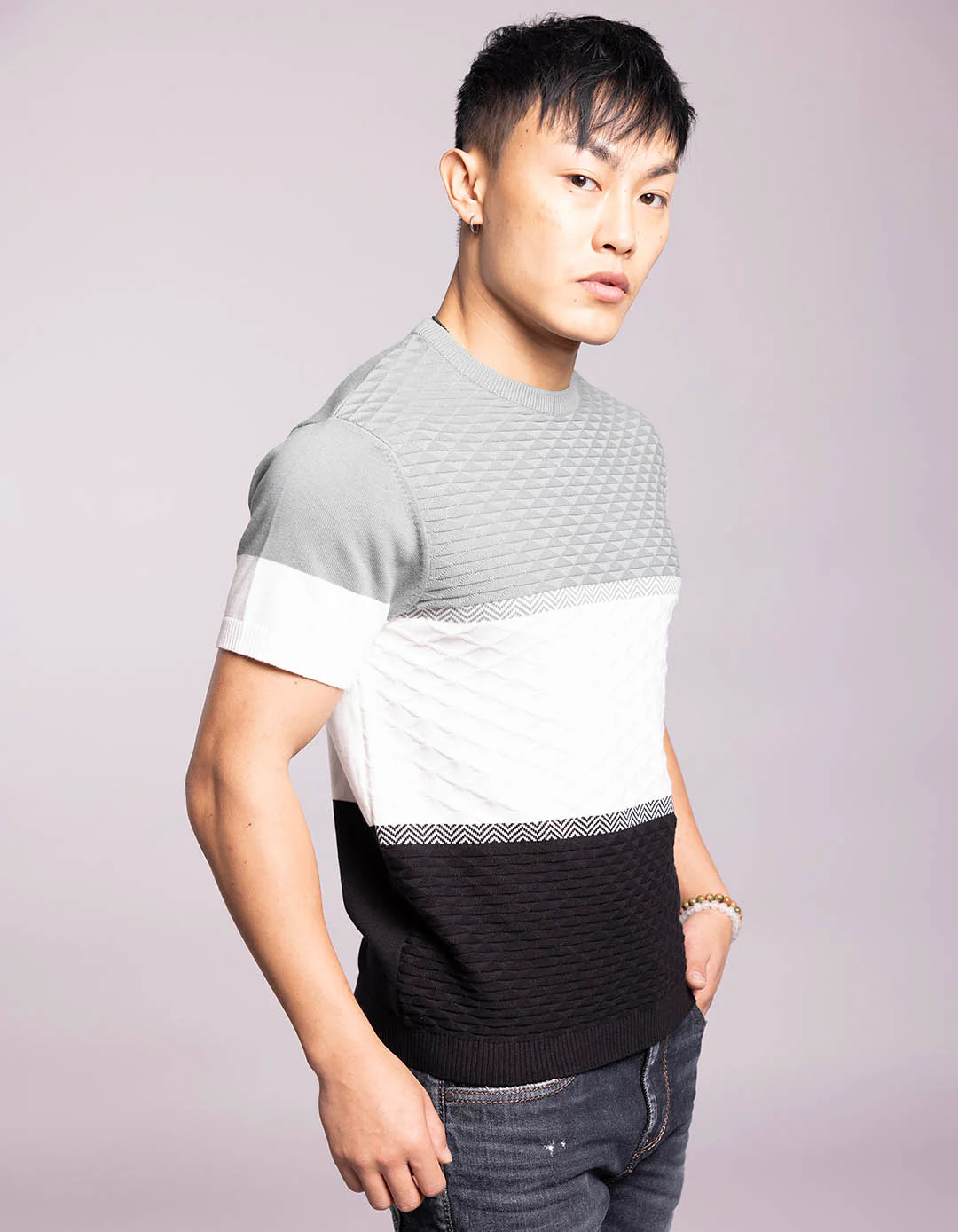 Pista Green White Round Neck Flatknit Tee - Image 4