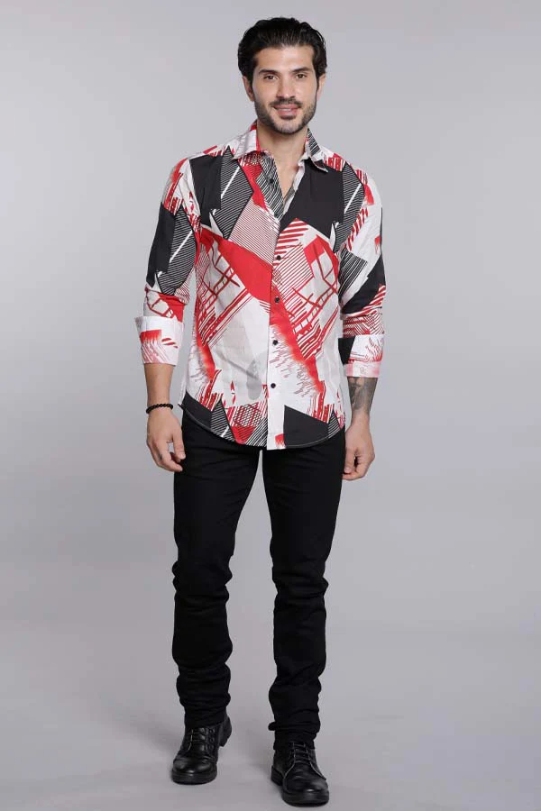 Red White Full Sleeves Printed Shirt - Image 2