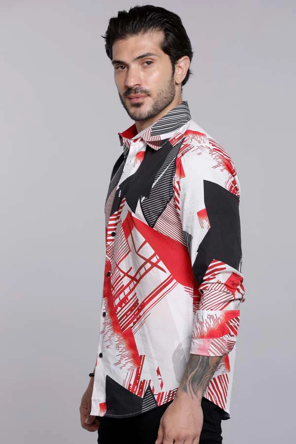 Red White Full Sleeves Printed Shirt - Image 3