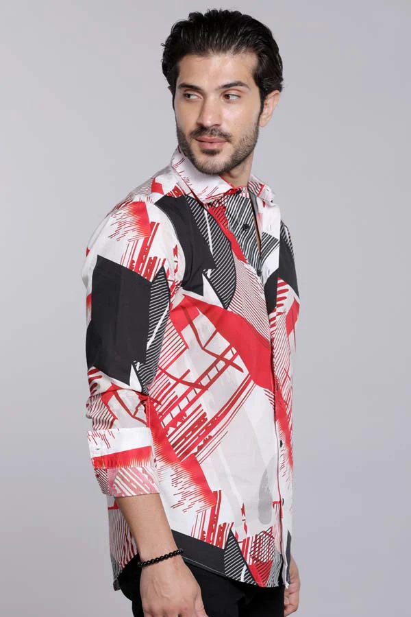 Red White Full Sleeves Printed Shirt - Image 4