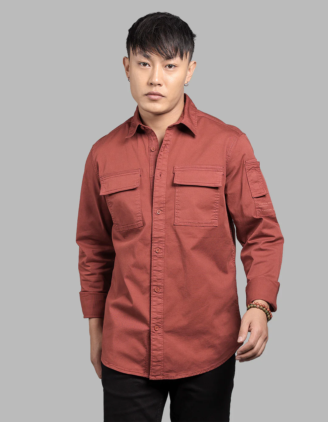 Rust Brown Full Sleeve Stretch Cargo Shirt