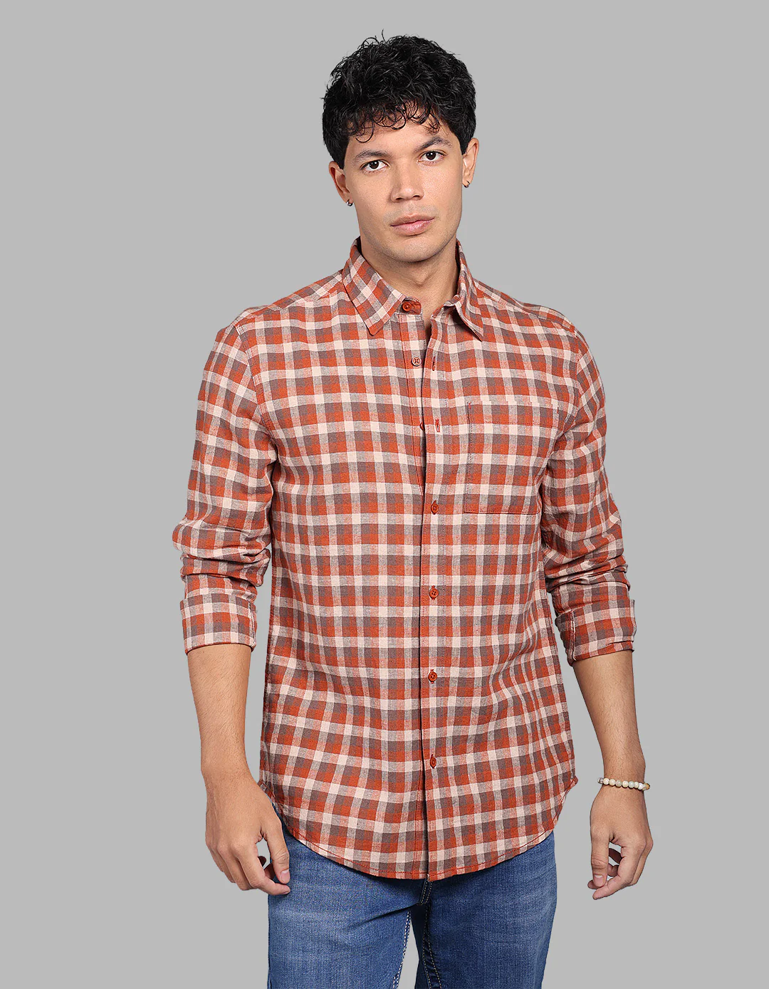 Rust Full Sleeve Linen Blend Check Shirt