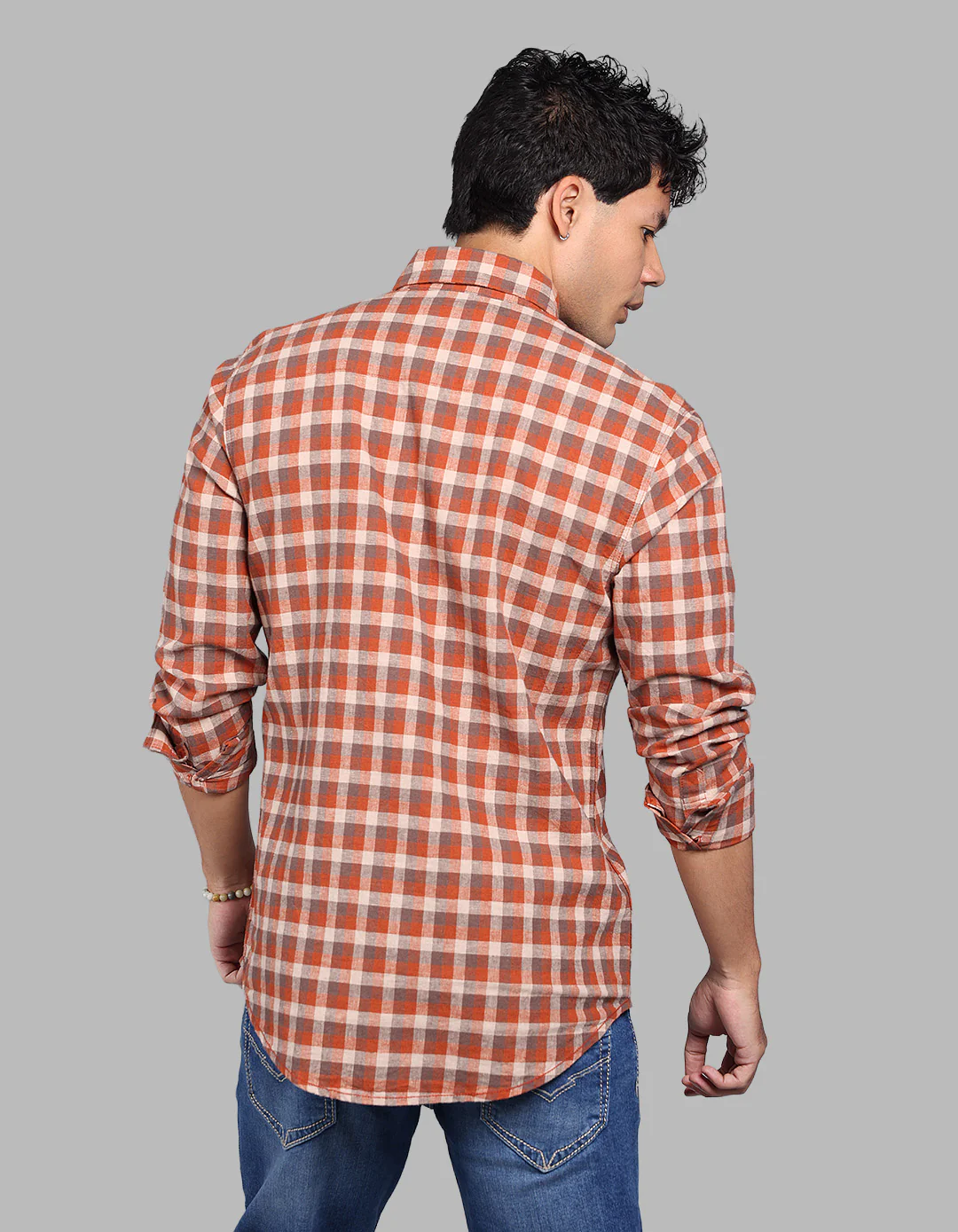 Rust Full Sleeve Linen Blend Check Shirt - Image 5