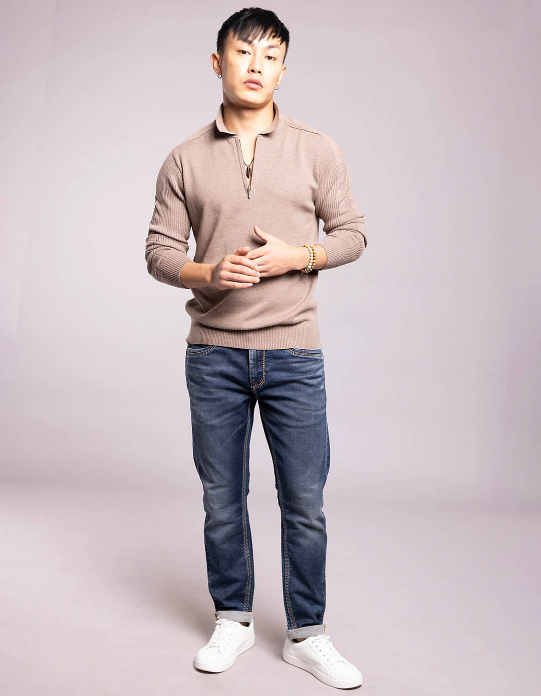 Sand Melange Full Sleeves Flatknit Polo Tee - Image 2
