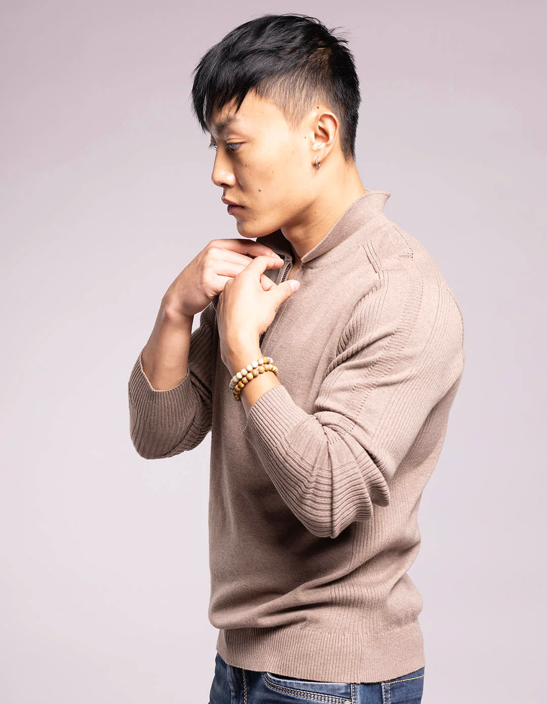 Sand Melange Full Sleeves Flatknit Polo Tee - Image 3