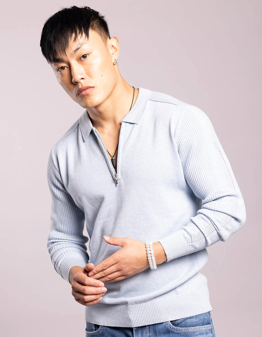 Sky Blue Full Sleeves Flatknit Polo Tee