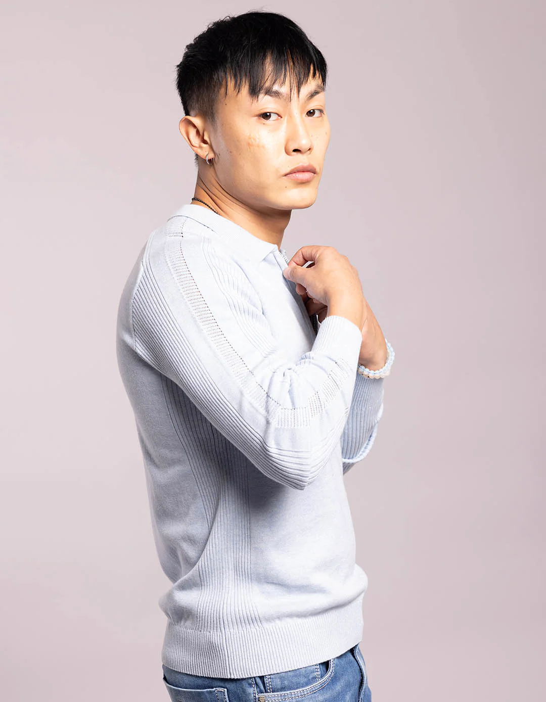 Sky Blue Full Sleeves Flatknit Polo Tee - Image 4
