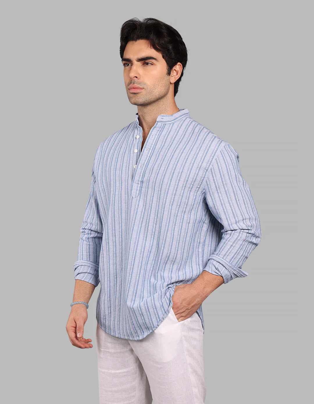 Sky Blue Relax Slim Fit Stripe Short Kurta - Image 3