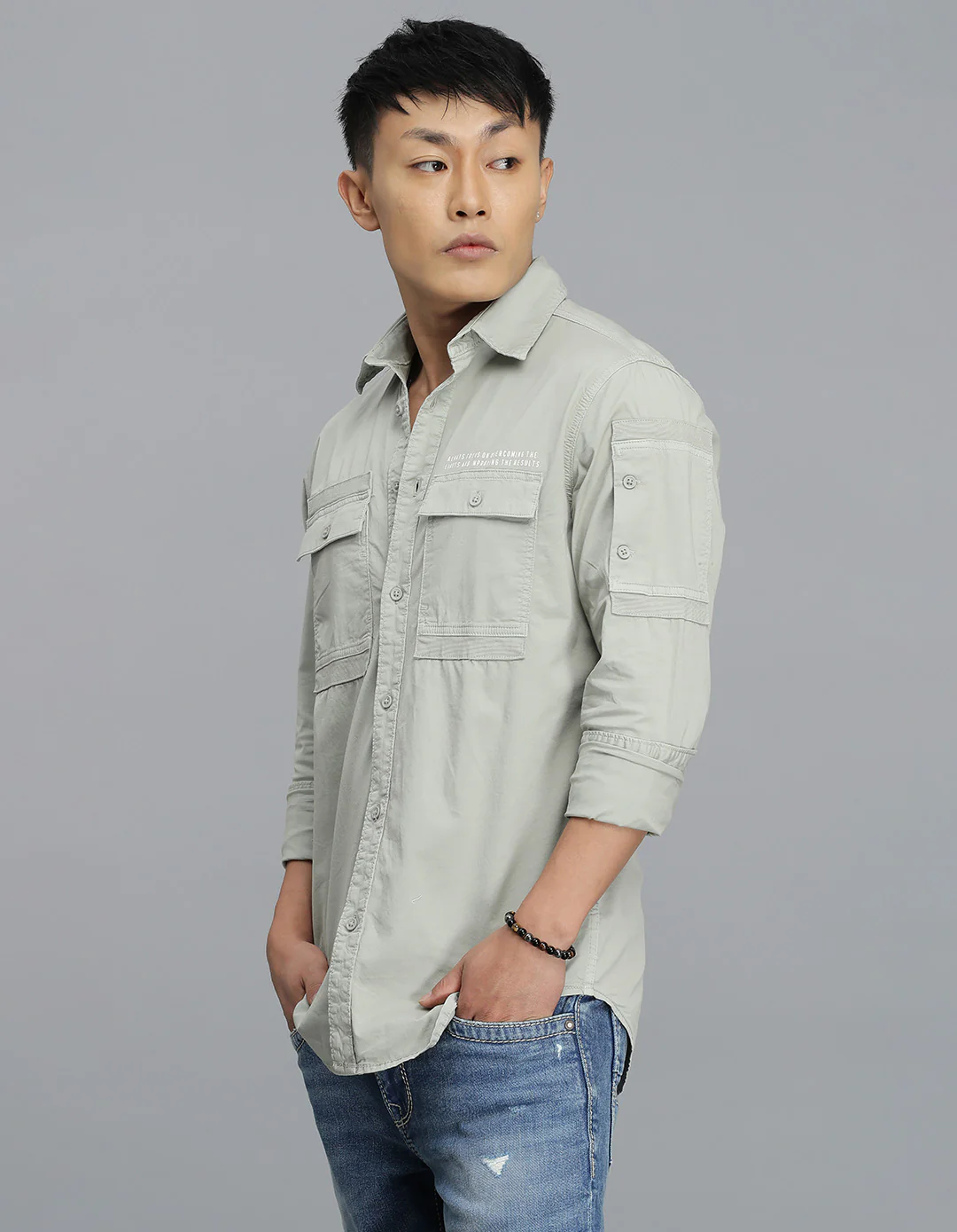 Smoke Green Full Sleeves Cargo Shirt - Image 3