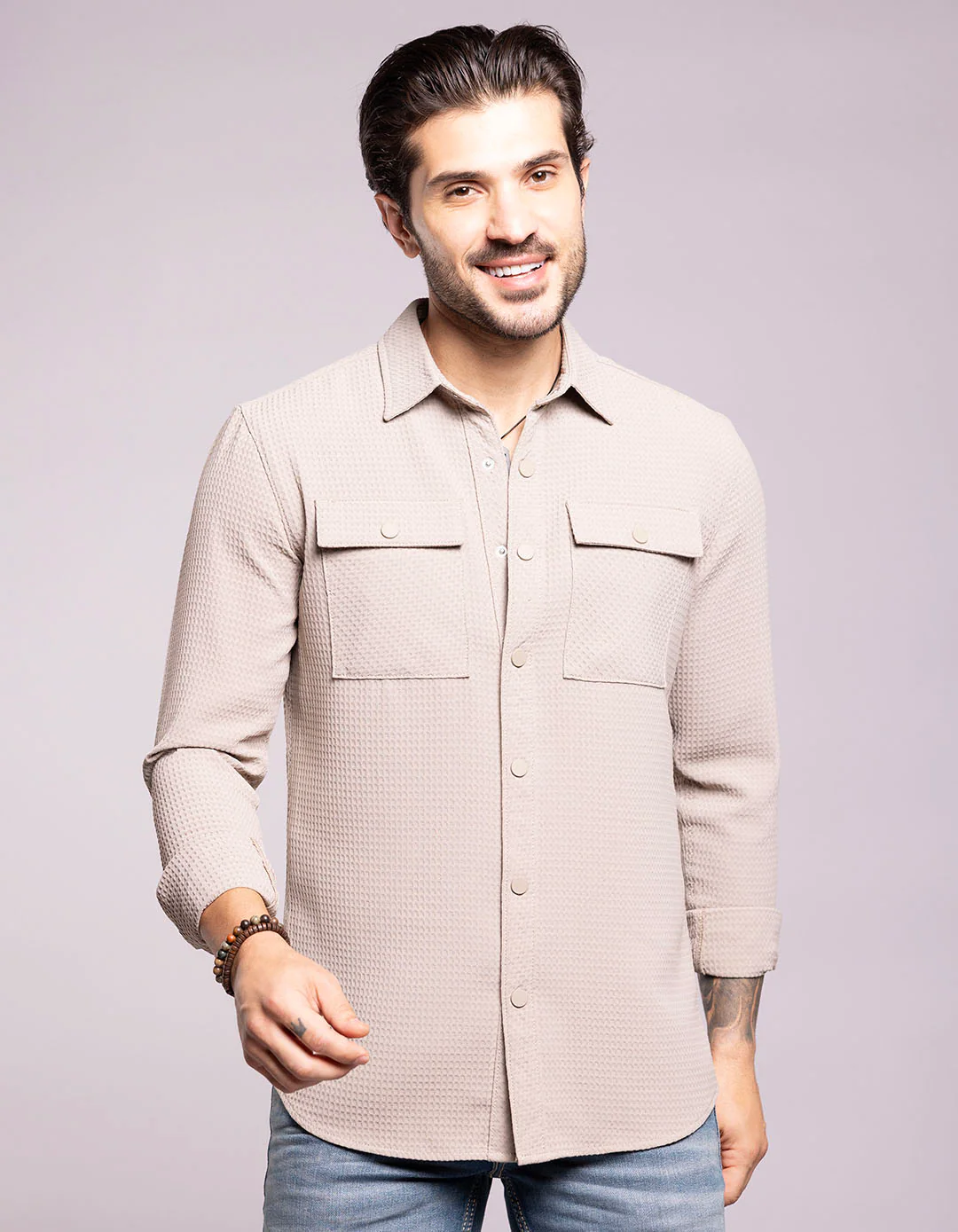 Stone Full Sleeves Textured Waffle Shirt