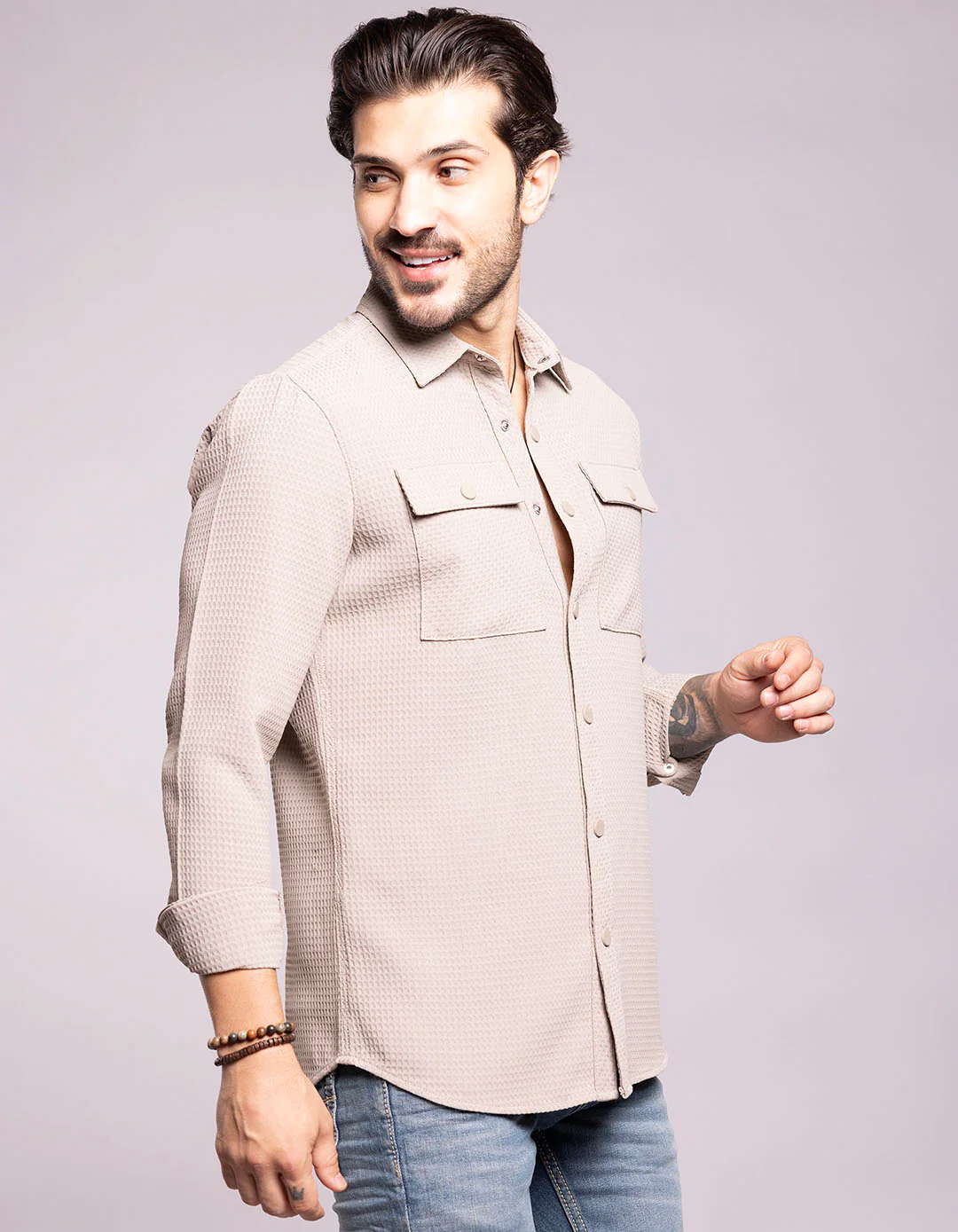 Stone Full Sleeves Textured Waffle Shirt - Image 4