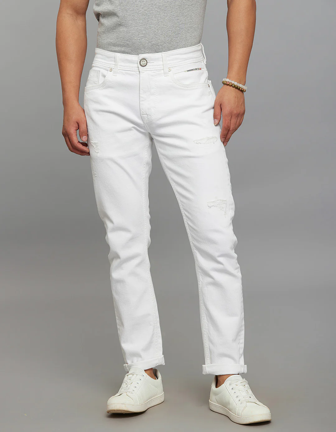 White Low-Rise Tapered Ankle Length Stretch Jeans