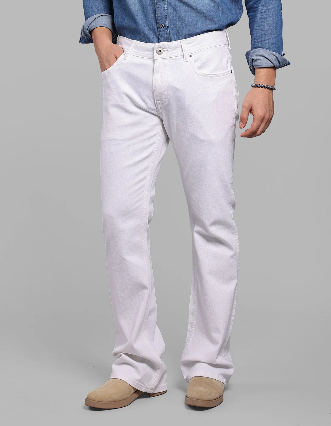 White Mid Rise Cropped Length Loose Boot Leg Stretch Jeans