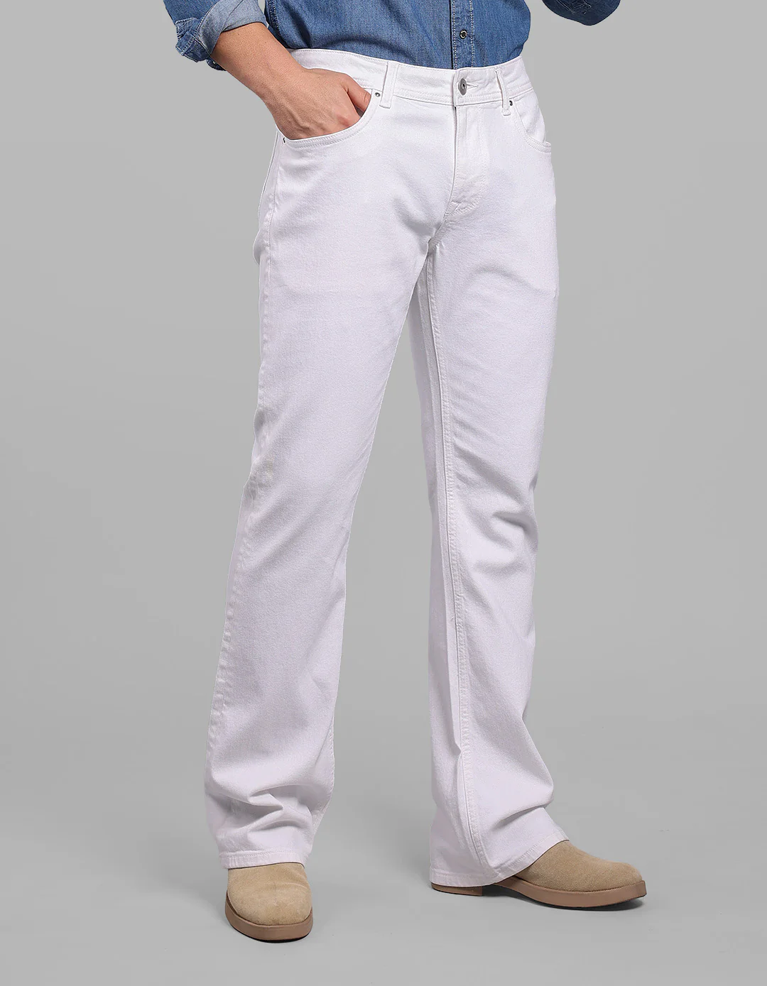 White Mid Rise Cropped Length Loose Boot Leg Stretch Jeans - Image 3