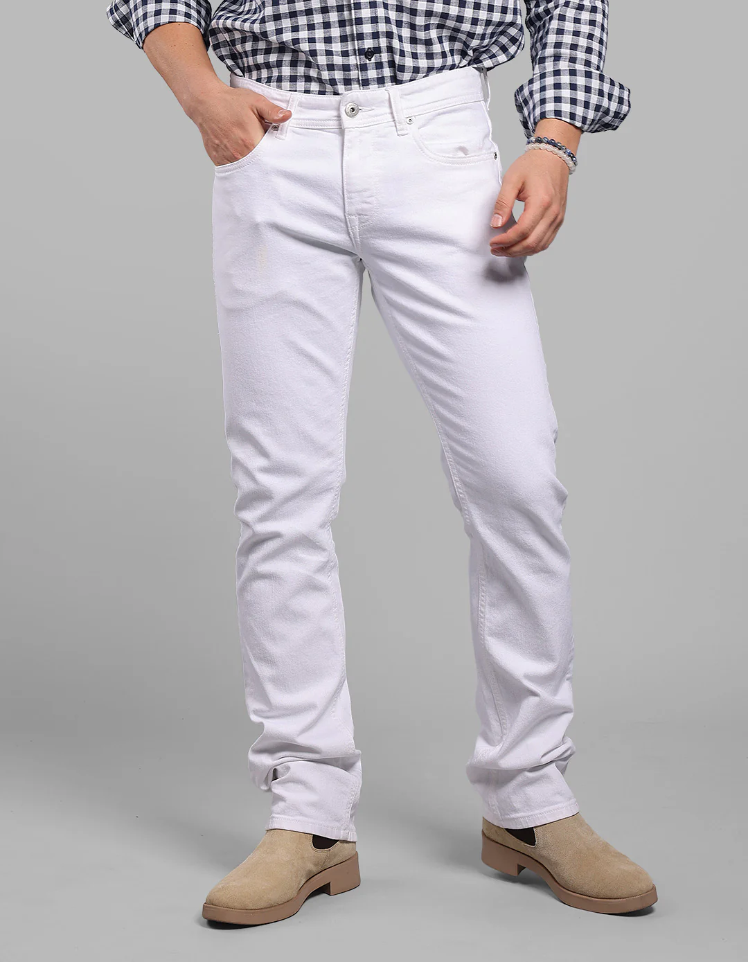 White Mid-Rise Slim Straight Fit Stretch Jeans