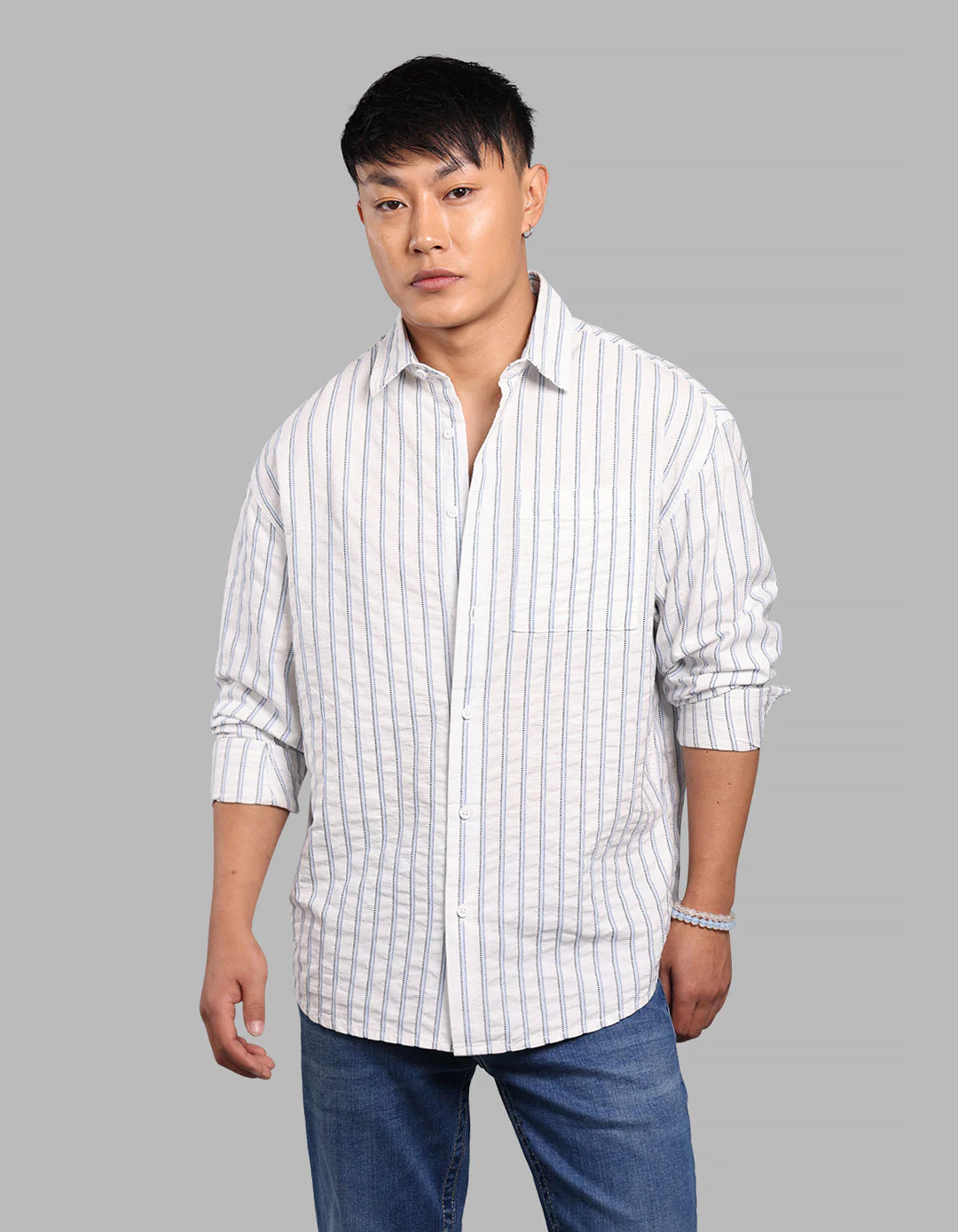 White Blue 100% Cotton Full Sleeve Stripe Shirt