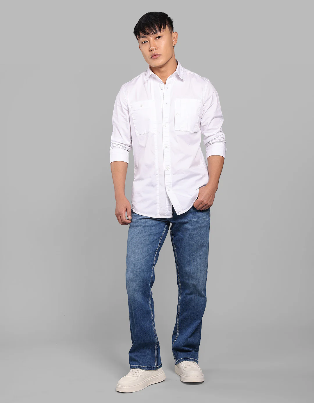White Full Sleeve Stretch Cargo Shirt - Image 2
