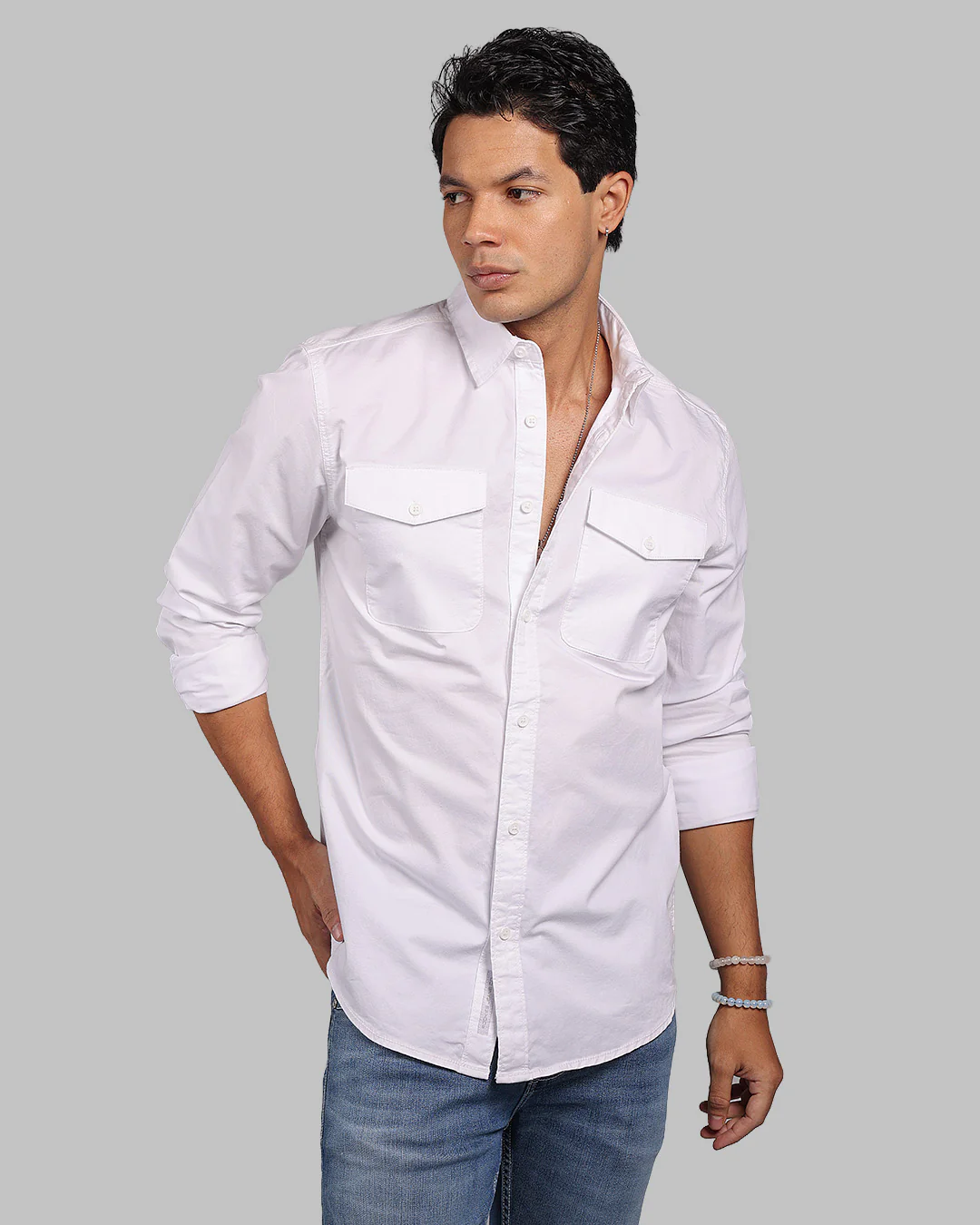 White Full Sleeve Stretch Cargo Shirt
