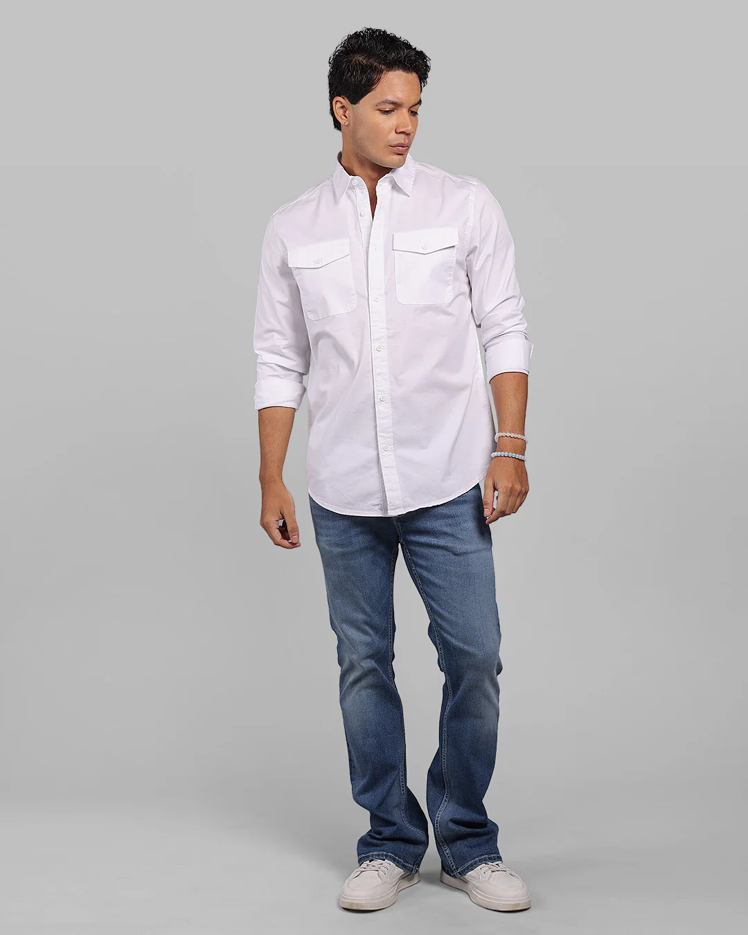White Full Sleeve Stretch Cargo Shirt - Image 2