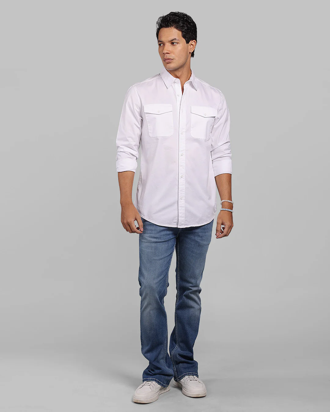 White Full Sleeve Stretch Cargo Shirt - Image 3