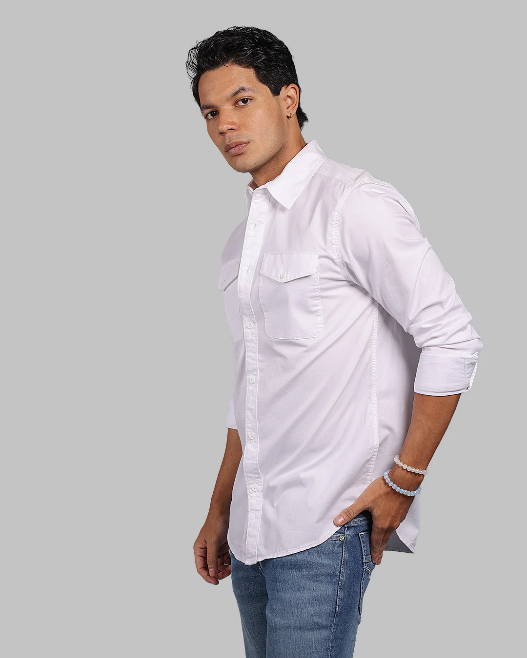 White Full Sleeve Stretch Cargo Shirt - Image 4