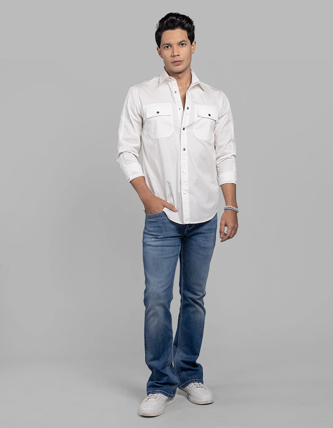White Full Sleeve Stretch Solid Shirt - Image 2