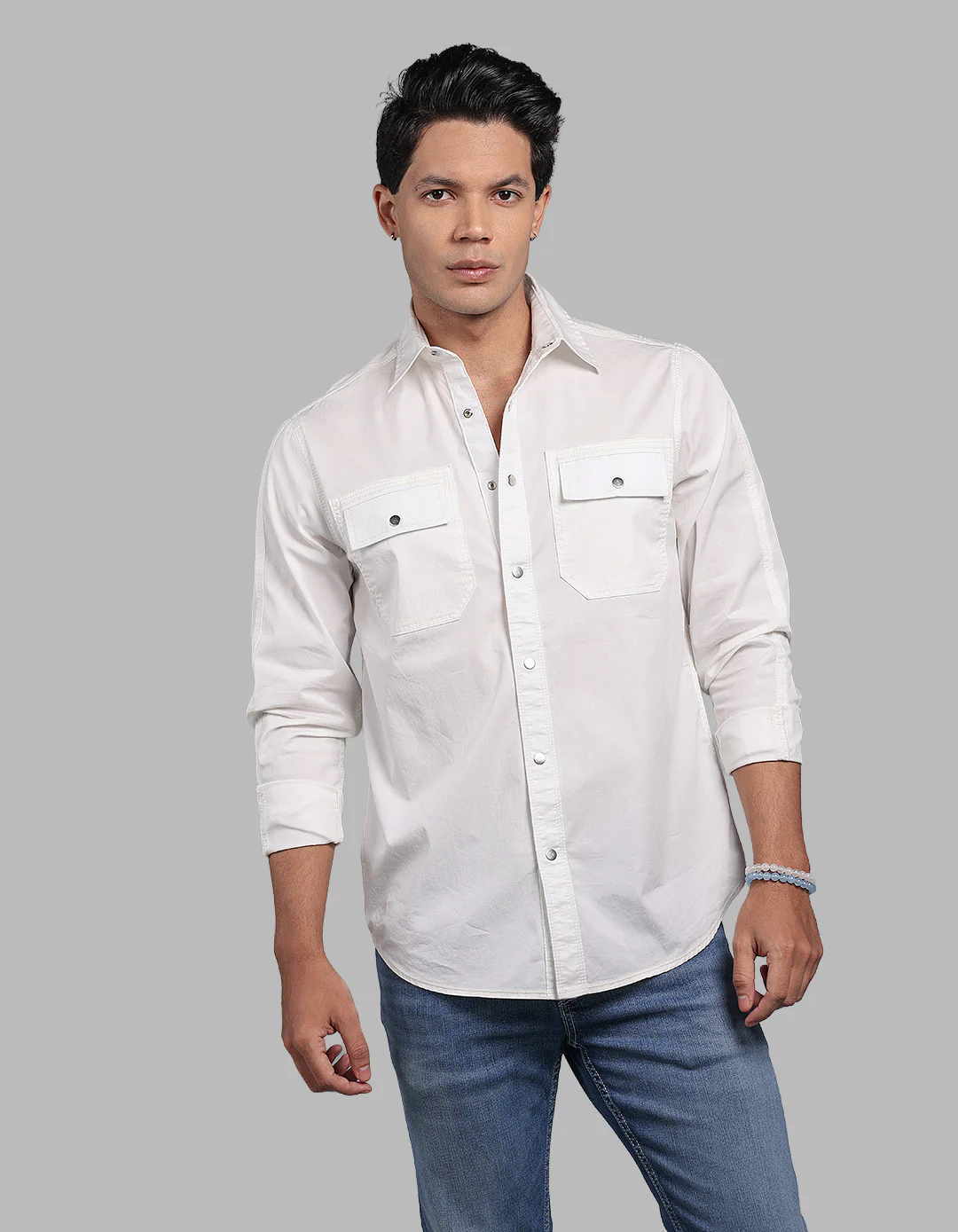 White Full Sleeve Stretch Solid Shirt - Image 3