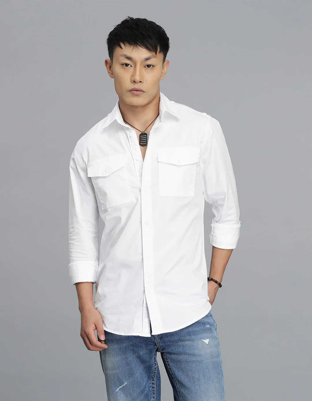 White Full Sleeves Cargo Shirt