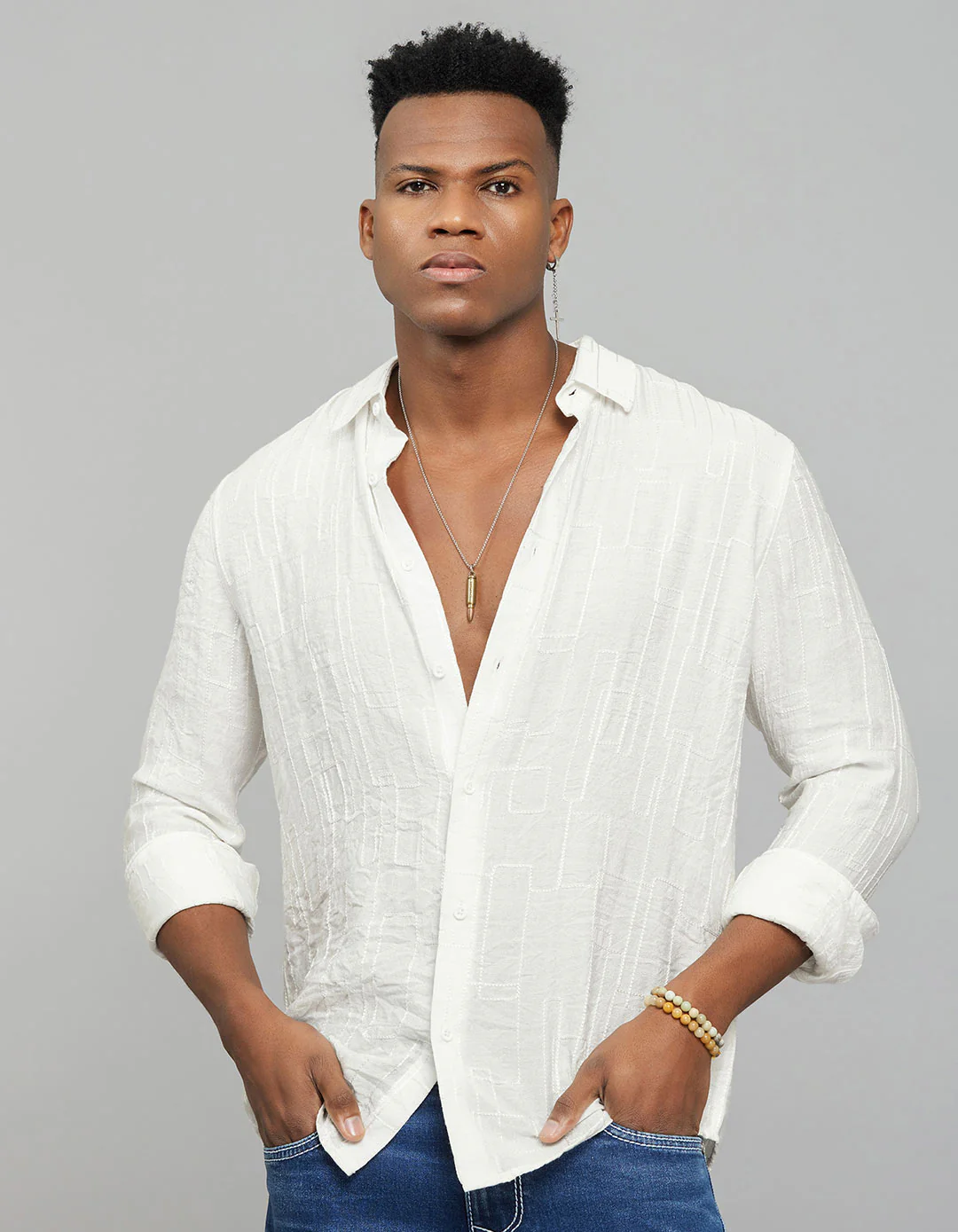 White Full Sleeves Embroidered Stitch Texture Shirt