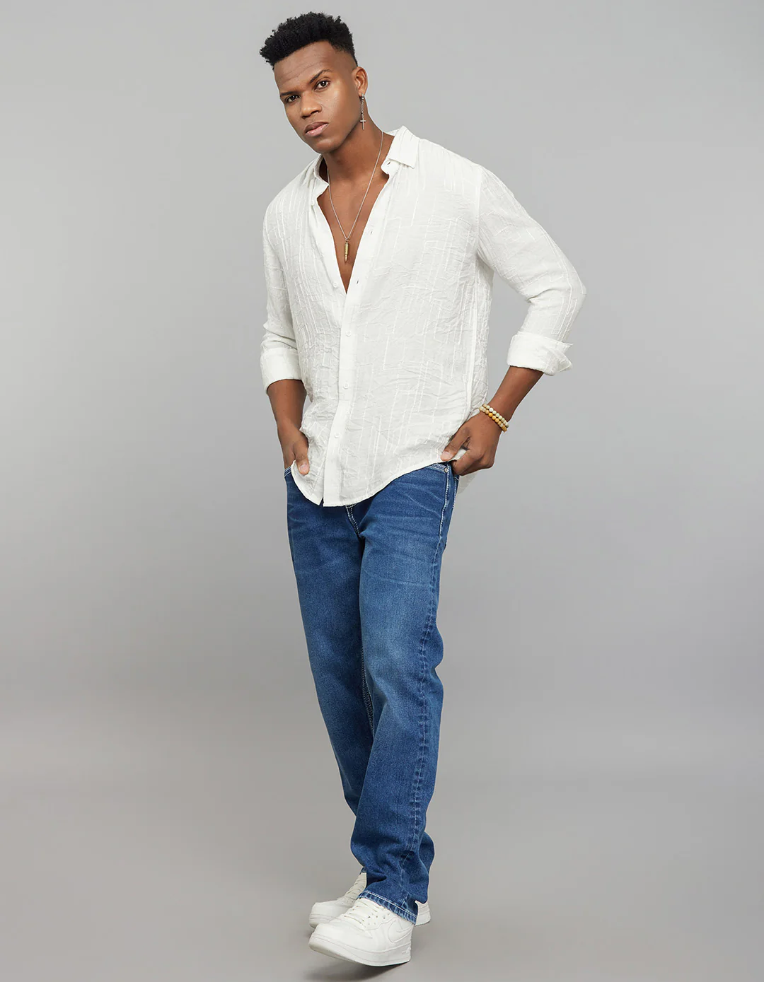 White Full Sleeves Embroidered Stitch Texture Shirt - Image 2