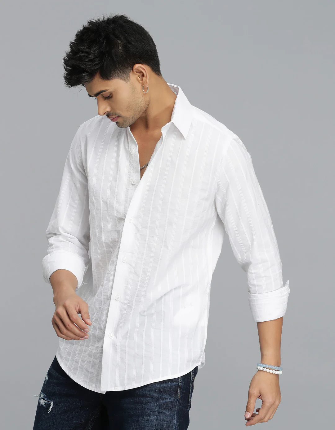 White Full Sleeves Stripe Shirt