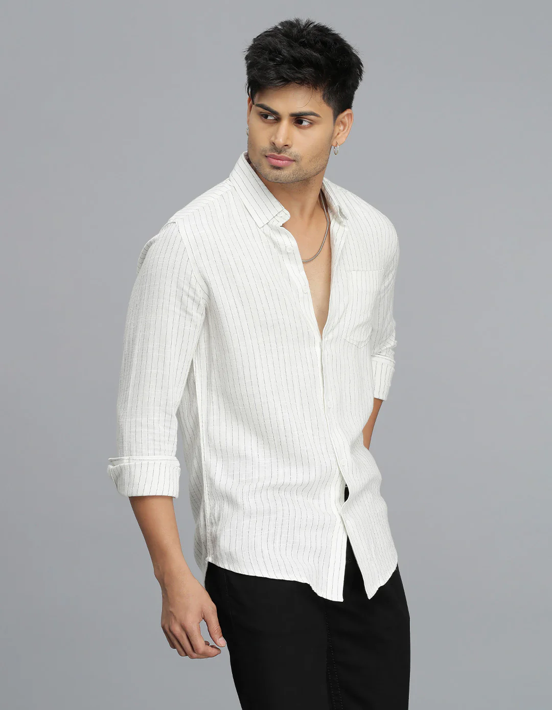 White Full Sleeves Stripe Linen Blend Shirt - Image 3