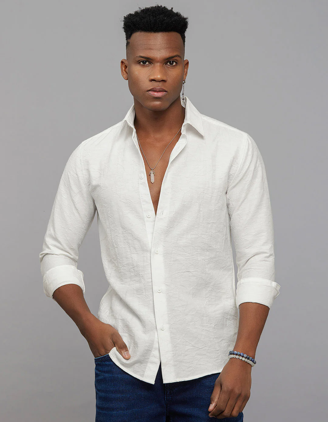 White Full Sleeves Texture Print Shirt